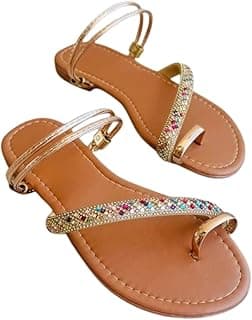 Genérico Sandália Rasteira Feminina Dourada com Pedrarias Coloridas, Tira Toe Ring, Salto Baixo, Estilo Flat