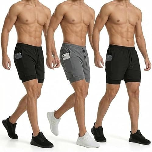Kit 3 Shorts Masculino Dryfit 2 em 1 para Corrida e Academia com Compressão Interna e Bolsos Short Fitness Esportivo Elastano Respirável para Treino (BR, Alfa, GG, Regular, Regular, 3 Pretos GG)