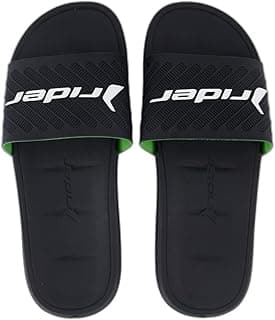 Par de chinelos esportivos pretos Rider com logo branco e detalhes verdes