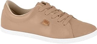 Tênis feminino bege com solado branco e atacadores brancos, confortável e casual