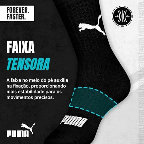 PUMA Kit 6 Pares Meia Cano Médio Esportiva Algodão Sola Atoalhada Costura Fina Masculina Feminina Unissex Adulto, 6 Preto, 39-43