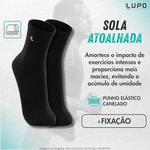 Lupo Kit 6 Pares de Meia Lupo Cano Médio Forro Atoalhado Punho Canelado Algodão Sport Original, 2 Branca - 2 Cinza - 2 Preta, 41-44