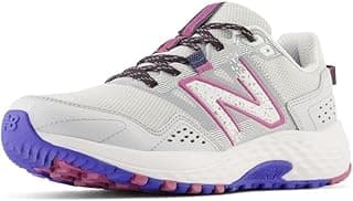 Tênis de corrida feminino New Balance 410 V8 Trail branco com detalhes em roxo e azul