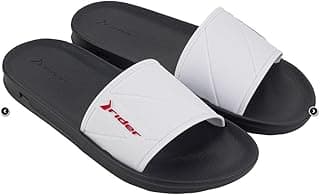 Chinelo masculino Rider Street Slide com sola preta e tiras brancas com logo vermelho