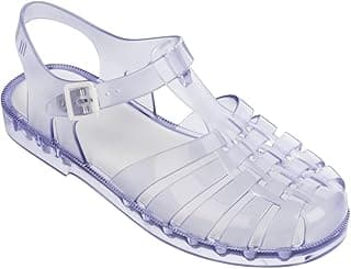 Sandália feminina gladiadora transparente com detalhes azuis, vista superior.
