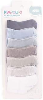 Pimpolho Kit Meia Semaninha Bebê, 7 Pares, sendo 1 Branco, 1 Mescla Cinza, 1 Verde, 1 Cinza, 1 Azul, 1 Azul Claro e 1 Azul Marinho. Algodão com Elastano, MENINO, RN 0-4 meses, Sem Costura