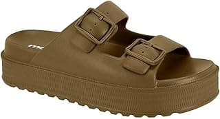 Sandália flatform marrom com fechos de fivela, sola espessa e textura de borracha