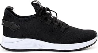 Tênis preto unissex para corrida e caminhada, com sola branca e design esportivo.
