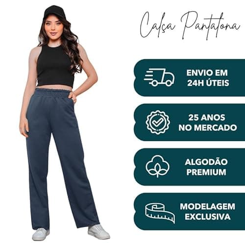 Calça Moletom Feminina Wide Leg Pantalona Com Felpa Marinho G