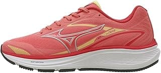 Tênis de corrida Mizuno Atlantis 2 feminino, rosa e amarelo, logotipo da Mizuno visível.