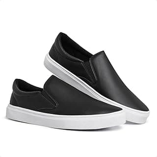 Tênis masculino slip-on preto com sola branca, sem cadarço, confortável e elegante