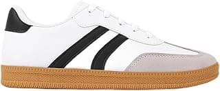 Tênis feminino branco com detalhes pretos e marrom, estilo clássico, com solado de borracha.