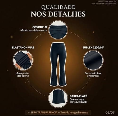 1 Calça Flare Legging Suplex Feminina Esportiva Casual Dia a Dia Zero Transparência Cintura Alta Levanta Bumbum Leg Bailarina Elasticidade 4 Vias Cós Duplo (BR, Alfa, M, Regular, Regular, Preto)