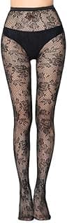 Generic Meia-calça feminina vintage de renda arrastão de cintura alta estampada, meia-calça sexy transparente com suspensório na altura da coxa