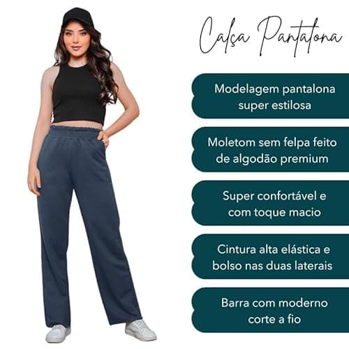 Calça Moletom Feminina Wide Leg Pantalona Com Felpa Marinho G