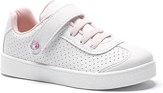Tênis infantil feminino branco com detalhes rosa e velcro, textura de bolinhas no solado