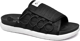 Sandália slide masculina preta com elástico antiderrapante e sola branca.