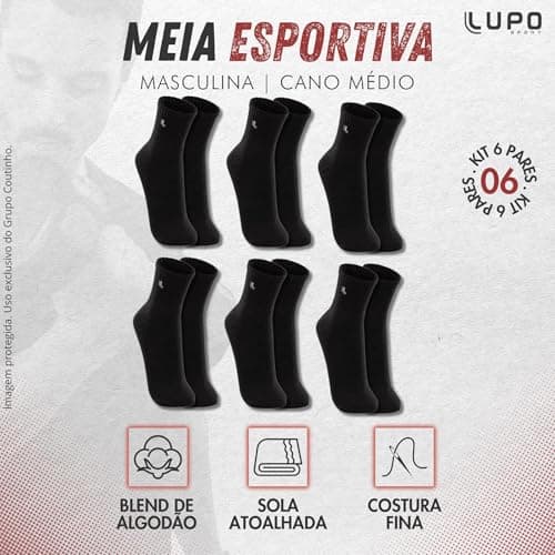 Lupo Kit 6 Pares de Meia Lupo Cano Médio Forro Atoalhado Punho Canelado Algodão Sport Original, 6 Preta, 41-44