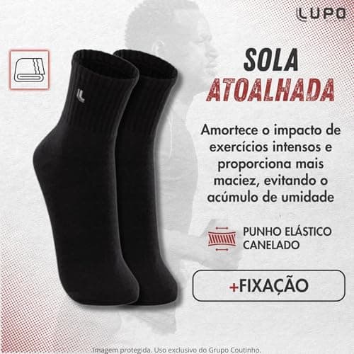 Lupo Kit 6 Pares de Meia Lupo Cano Médio Forro Atoalhado Punho Canelado Algodão Sport Original, 6 Preta, 41-44