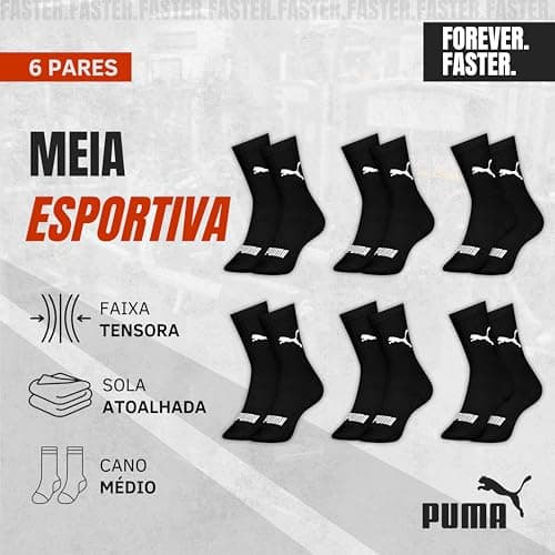 PUMA Kit 6 Pares Meia Cano Médio Esportiva Algodão Sola Atoalhada Costura Fina Masculina Feminina Unissex Adulto, 6 Preto, 39-43