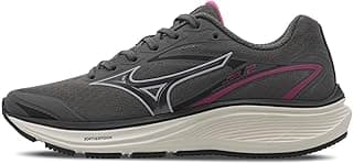 Tênis de corrida Mizuno Atlantis 2 feminino cinza e rosa, logotipo branco, estabilidade e amortecimento, solado branco e preto
