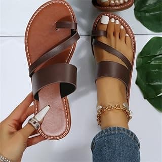 Generic Chinelos femininos plus size com gravata cruzada, sapatos casuais de verão com bico aberto, sandálias de praia de um pé