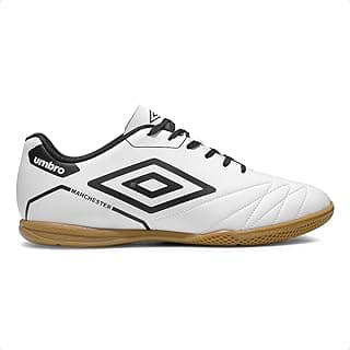 Chuteira Futsal Umbro Manchester Masculina, branca com detalhes em preto e marrom, vista frontal.