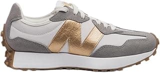 Tênis New Balance 327V1 feminino casual, branco e dourado, com sola marrom
