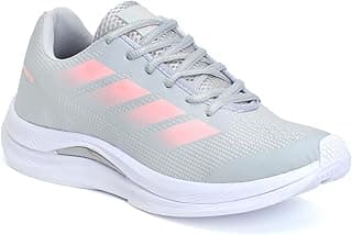 Tênis feminino Adidas para academia e corrida, cinza e rosa, com sola branca e design em mesh.