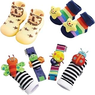 Genérico Kit Presente Bebê Sensory Sapatinho Meia Tamanho 18/19 Idade Sugerida 0 a 6 Meses com Meia Aplique de Estrelinha mais 2 Pulseiras e 2 Meias Premium de Estímulo Sensorial
