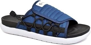 Sandália masculina azul e preta com elástico antiderrapante, sola branca e design de almofada no calcanhar