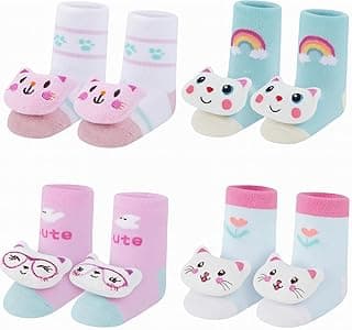 Genérico Kit 4 Pares de Meias 3D Infantil, Desenhos de Bichinhos, 0-24 Meses menino e menina bebe