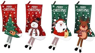 Meias de Natal Decorativas, 57 cm, Conjunto com 4, Personagens Natalinos, Vermelho e Verde