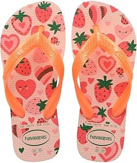 Chinelos infantis Havaianas com estampa de morangos, corações e folhas verdes, alças laranjas, tamanho 28-30