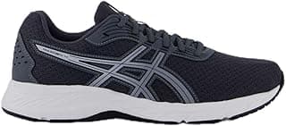 Tênis Asics Raiden 4 Cinza com design em preto e cinza, sola branca e logotipo Asics.
