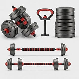 Halteres Ajustáveis Kit 6 em 1 até 10 kg com Barra Longa, Anilhas, Kettlebell e Apoio para Flexão — Halter para Treino de Força, Musculação, Academia em Casa, Pesos para Exercícios em Casa e Funcional