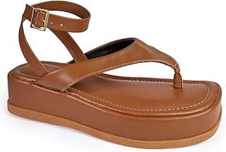 Sandália feminina flatform marrom com tiras de couro e fivela de metal, confortável e elegante
