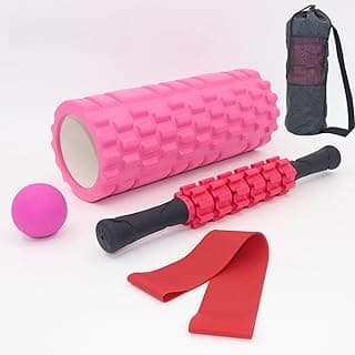 Rolo massagem liberação miofascial 5x1 foam roller com bastão massagem e bola lacrosse e mini band com bolsa pra carregar(rosa)