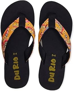 Chinelos femininos DuRio com estampa colorida, tamanho 3.4, em preto com detalhes multicoloridos.