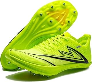 Tênis de atletismo neon verde com spikes e placa de carbono, logotipo 'N'
