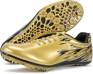 Tênis de corrida Ifrich Track Spikes, ouro com sola preta, padrão de raios, fundo branco.