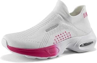 Tênis de caminhada feminino branco e rosa com sola branca e detalhes rosa, ângulo frontal
