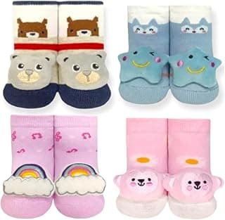 Genérico Kit 4 Pares de Meias Infantis com Chocalho, Antiderrapante, Desenhos divertidos meninos e meninas