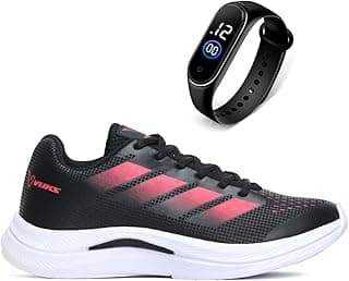 Tênis feminino esportivo preto e rosa com relógio digital preto, fundo branco.