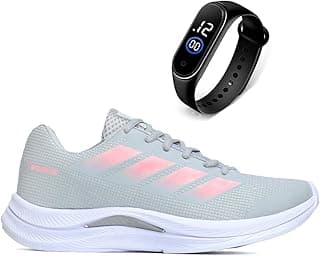 Tênis esportivo feminino cinza e rosa com relógio digital preto