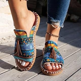 Generic Sandália feminina casual com franja, bico aberto, rasteira, verão, plus size, chinelos femininos