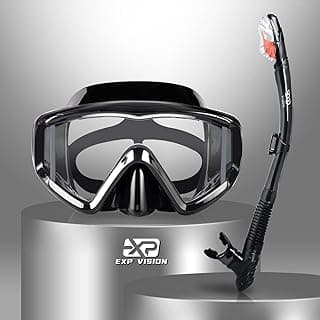 EXP VISION Snorkel Set Pano 3 Window Adult Snorkeling Gear, Professional Anti-Fog Snorkel Diving Mask, Anti-Leak Swim Goggles and Dry Top Snorkel for Scuba Diving, Snorkeling, Swimming (Black