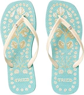 Par de chinelos femininos TRIZZA com estampa floral azul e dourado, tira branca e pingente prateado