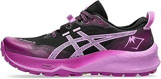 Tênis de corrida feminino ASICS Gel-Trabuco 12 preto e roxo com detalhes em cinza e branco