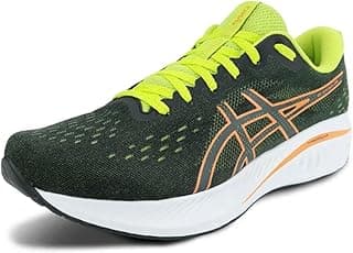 Tênis Asics Gel-Excite 10 preto com detalhes verdes e laranja, vista lateral